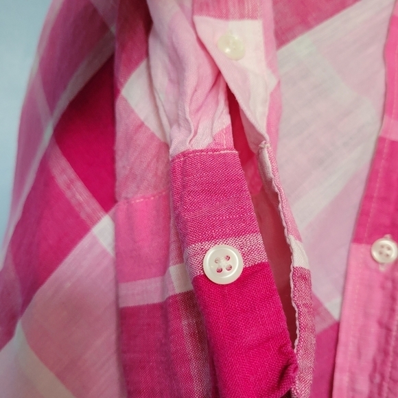 Moda International 100% Linen Plaid Shirt Pink Dress Size 2 - Picture 3 of 7